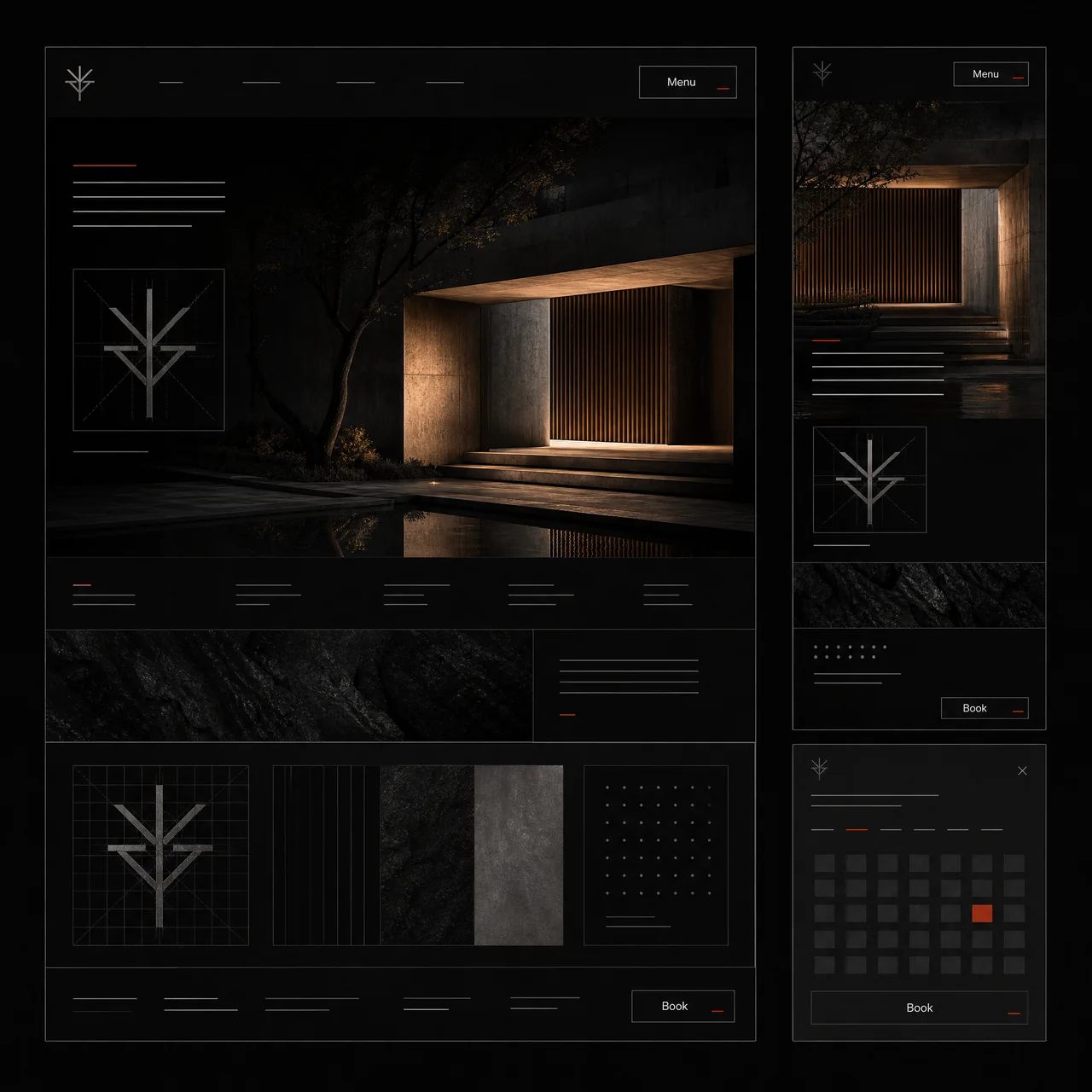 Connected desktop and mobile interfaces, navigation details and a booking journey in one editorial spread.
